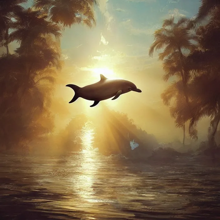 Image similar to dolphin swimming, golden hour, god rays, by artgerm and ismail inceoglu, masterpiece, beautiful, intricate, elegant, highly detailed