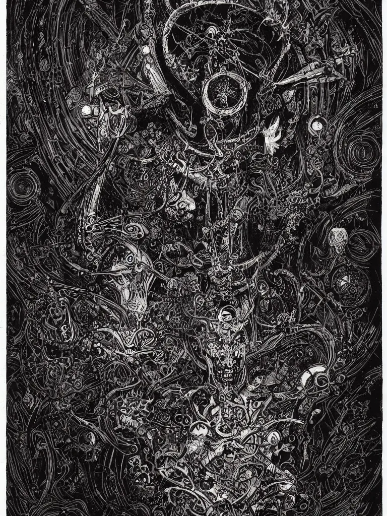 Image similar to black paper, tarot card ,eldritch god, vintage detailed sci-fi illustration designed by Marc Simonetti and Mike Mignola, psychedelic black light style, intricate ink illustration, symmetry , bloodborne.