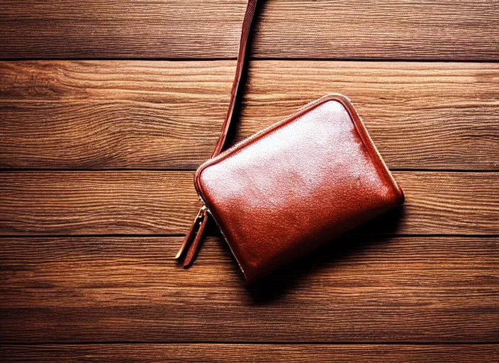 Prompt: clear highly detailed photorealistic topdown mockup product photograph of a realistic purse on a wooden background