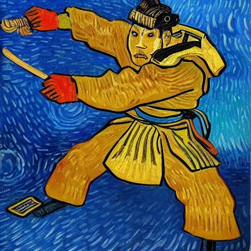 Prompt: samurai fights robots by van gogh