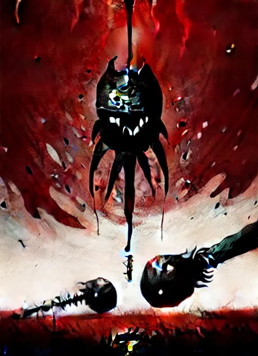 Image similar to horror art, hollow knight in the middle fighting with a nail, red peaks with arms in the background, art by greg rutkowski