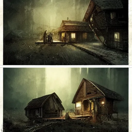 Image similar to two husbands leave each other inside broken wooden house, detailed intricate ink illustration, dark atmosphere, detailed illustration, hd, 4k, digital art, overdetailed art, concept art, by greg rutkowski, by loish, complementing colors, Trending on artstation, deviantart