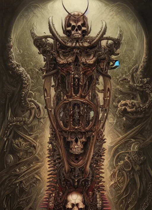 Image similar to hyper detailed masterpiece satan's skull evil tattoo warrior by donato giancola and tom bagshaw, face by artgerm and edmund leighton, and h. r. giger, trending on artstation, colorful, psychedelic aesthetic, ornate, background by james jean, 8 k, biomechanical, majestic, volumetric lighting, porcelain skin, concept art, sharp focus