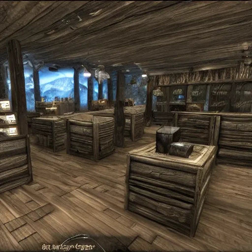 Prompt: iphone reseller store in the middle of whiterun, 3 dgc, wide shot, skyrim, oblivion, pc game, gameplay screenshot