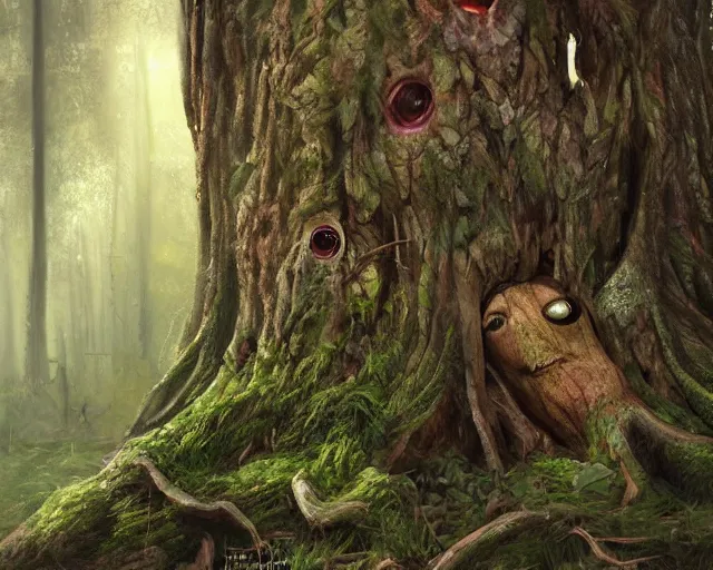 Image similar to a talking tree, a face in the bark, big eyes, fantasy concept art, oil painting, hyperrealistic, highly detailed, artstation, cgsociety, in the forest