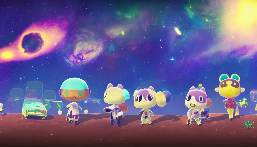Image similar to a galactic Animal Crossing landscape, Animal Crossing characters, space colors, galaxies, stars, nebula, octane render, unreal engine, Animal Crossing New Horizon, 8k