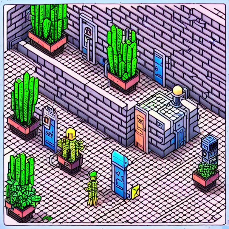 Prompt: an absurdly-detailed isometric cyberpunk alleyway colored-pen drawing as a fancy square tile. Cats and Robots and Potted-Plants.