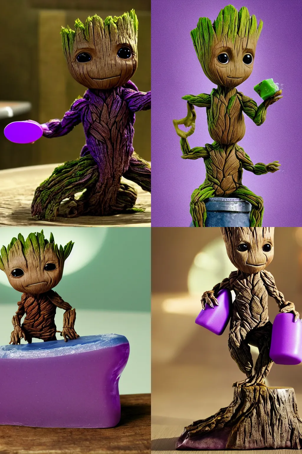 Prompt: little Groot is riding a bar of purple soap like surfboard, cinematic angle