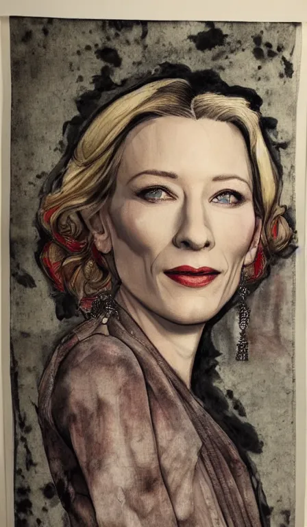 Image similar to cate blanchett , hanging scroll, ink and colours on silk,