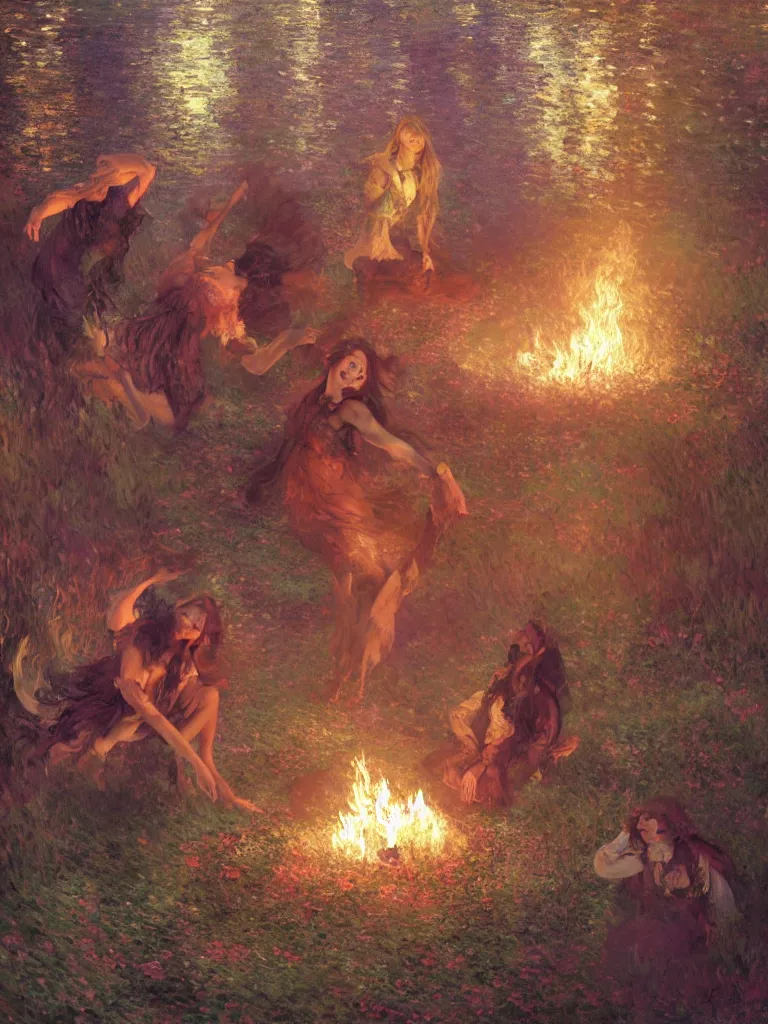 Image similar to illustration studio portrait of witches dancing and floating around a big firepit in artistic poses at the forest in a witch's dark coven, monet painterly motives and textures pattern, hyper detailed, octane render, vivid colors, artstation, by jeremy mann, by alphonse mucha, by monet