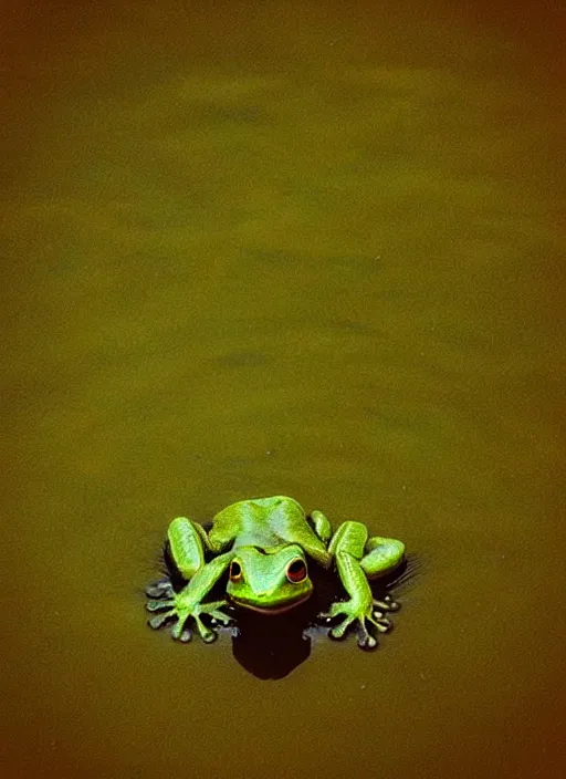 Prompt: “semitranslucent smiling frog amphibian vertically hovering over misty lake waters in crucifix pose, low angle, long cinematic shot by Andrei Tarkovsky, paranormal, eerie, mystical”