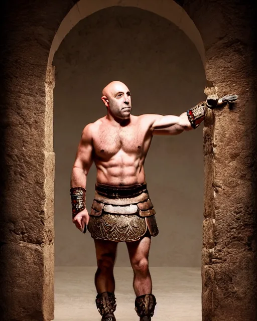 Image similar to high quality photo of joe rogan as a gladiator in the roman colliseum, ornate, masterpiece, cinematic composition, studio lighting,