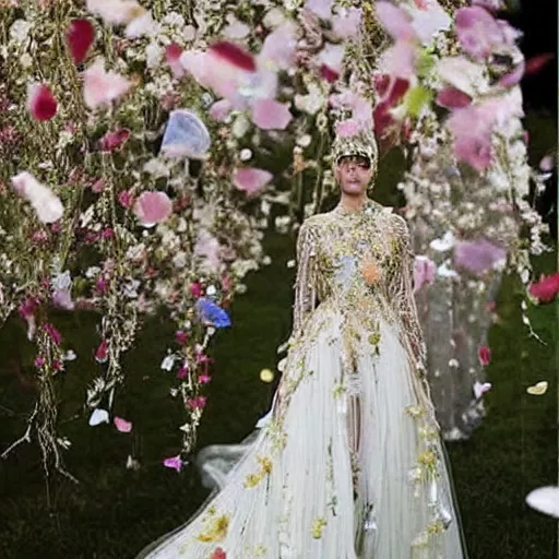 Image similar to a long wedding dress with a train made of flower petals made of light - colored fabric. transparent in places. in places, patterns of precious stones. intricate patterns of gold thin threads. fantasy. clear details