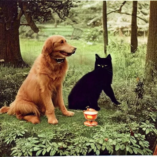 Image similar to vintage photograph of a golden retriever and a black kitty having a tea party in the forest