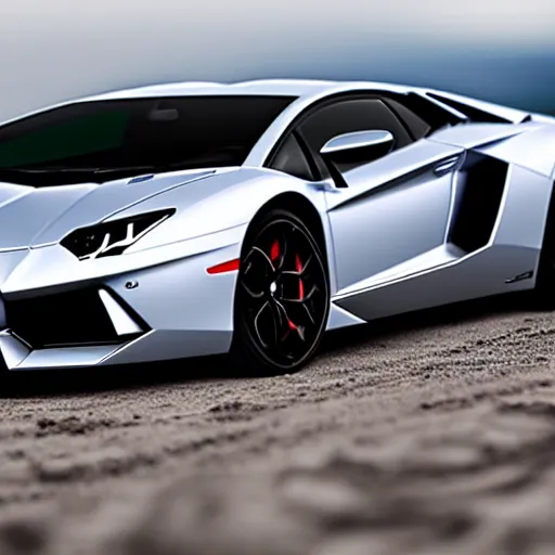 Prompt: A beautiful silver Lamborghini aventador on the beach, 8k, ray tracing reflections