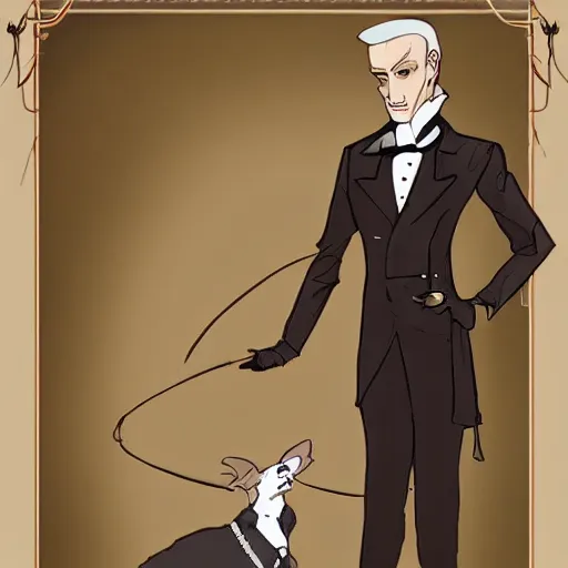 Image similar to older fantasy butler that looks similar to michael kane, full body portrait, handsome, realistic, tarot card style, balding, well dressed, pet rat on shoulder