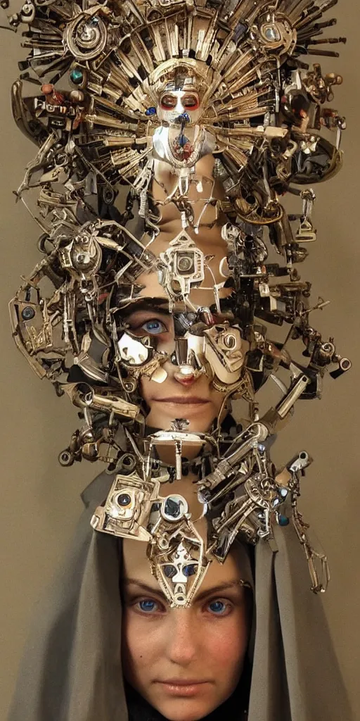 Image similar to a beautiful cyborg made of catholic symbols ceremonial maske