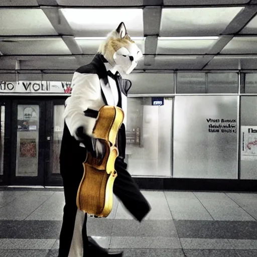 Image similar to a man in a tux wearing a white wolf mask playing the violin at a dirty metro station, unnerving, dark, disturbing, creepy, at night