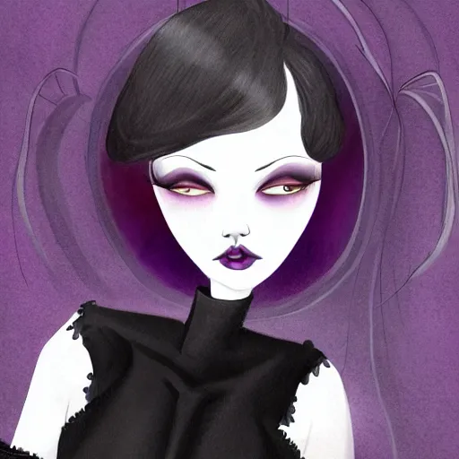 Image similar to character concept art of beautiful delicate pale goth woman with black hair, wearing long black and purple dress, highly detailed, illustration