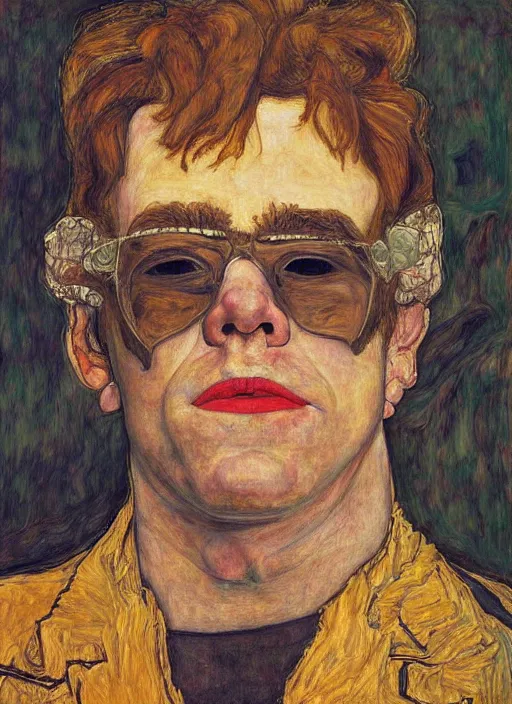 Image similar to portrait of elton john in a golden hour lighting, painted by egon schiele, 8 k extremely realistic and highly detailed