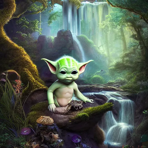 Prompt: tom bagshaw, beautiful kawai miniature baby yoda posing, mythical shrine, soft painting render curiosities carnival pond river vegetation rocks bugs wildlife mushrooms covered moss bioluminescent wisps, beautiful stunning waterfall, accurate features, focus, very intricate ultrafine details, random volumetric lighting, fog, award winning masterpiece, octane render 8 k hd, artstation