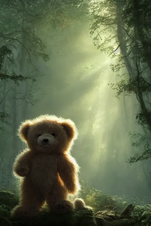 Image similar to mean fluffy teddybear protecting girl in a forest with rays of light coming through the canopy, masterpiece, dystopian, sci-fi, extremely detailed, digital painting, sculpted in zbrush, artstation, concept art, smooth, sharp focus, illustration, chiaroscuro lighting, golden ratio, incredible art, artgerm, greg rutkowski, alphonse mucha, simon stalenhag, carravaggio