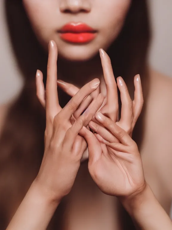 Prompt: photo of one!! detailed elegant woman's hand palm up, long nails, instagram photo, studio photo