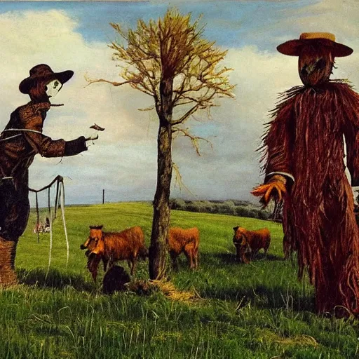 Prompt: a pastoral scene in the english summer. a scarecrow is burning. he is alight. folk horror