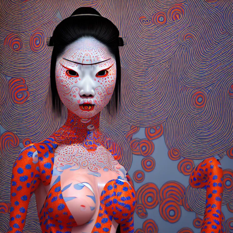 Image similar to hyperrealistic detailed image of a geisha in a art installation room, hd smooth interior by yayoi kusama, part by kei mieno, part by ross tran, dark art by james jean, ultra realistic, highly detailed, life like face, detailed body, 8 k, 3 d render by roger magrini, masterpiece