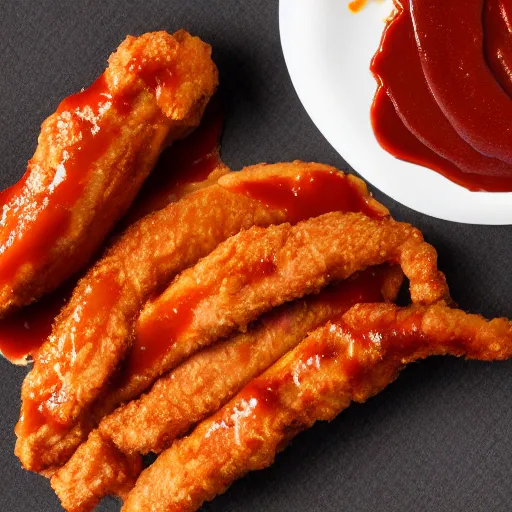 Image similar to 4 k uhd photo of a chicken strip covered in barbecue sauce, kfc product shot