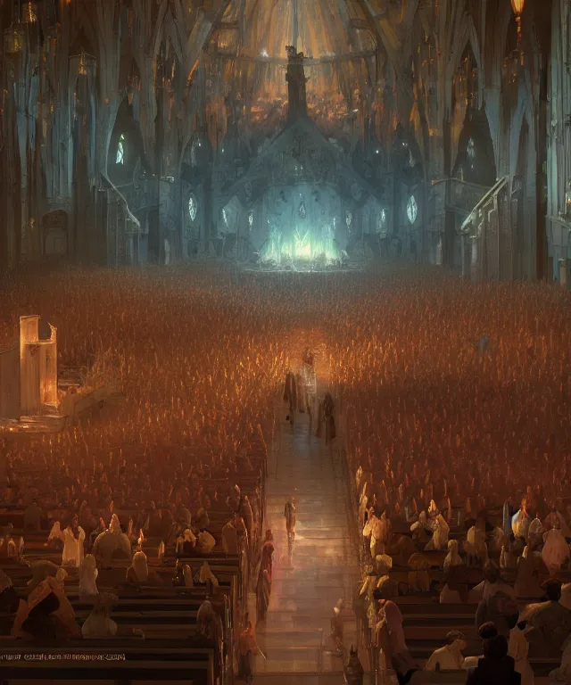 Prompt: fantasy movie scene craig mullins and ghibli and james gurney digital matte painting of a crowd in a futuristic church, strong contrast, priest, pews, ethereal, inviting, bright, raking light, unreal engine, hyper realism, realistic shading, cinematic composition, blender render, octane render, hdr, detailed textures, photorealistic, wide shot