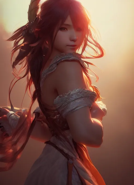 Image similar to a Photorealistic dramatic hyperrealistic render of a beautiful Final Fantasy 10 character Yuna by WLOP,Artgerm,Greg Rutkowski,Alphonse Mucha, Beautiful dynamic dramatic dark moody lighting,shadows,cinematic atmosphere,Artstation,concept design art,Octane render,8K