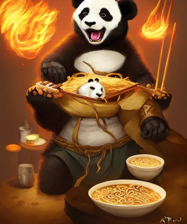 Image similar to a portrait an anthropomorphic panda mage eating ramen, wearing mage robes, restaurant in background, cute and adorable, dnd character art portrait, well rendered matte fantasy painting, deviantart artstation, by jason felix by steve argyle by tyler jacobson by peter mohrbacher, cinematic lighting