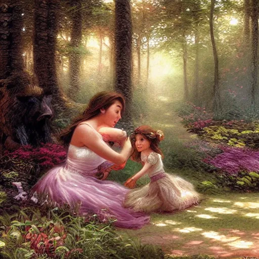 Image similar to forest sensual woman and her daughter eating animal in the forest, digital art, artwork, hihgky detailed face, thomas kindkade, fantasy, intricate