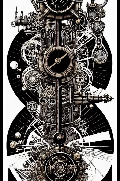Image similar to a steampunk alchemists ancient balance scale, furniture, high details, bold line art, by vincent di fate and joe fenton, inking, etching, screen print, masterpiece, trending on artstation, sharp, high contrast, hyper - detailed,, hd, 4 k, 8 k