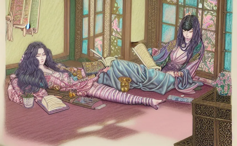 Prompt: a pastel drawing of a woman wizard, ornate clothing, lounging on a purpur pillow on the marbled checkered floor in her study room reading an ancient tome. to the side is a potted plant, moody candlelit raytracing. ancient scifi fantasy setting. detailed face, sharp focus. by chie yoshii and charles vess