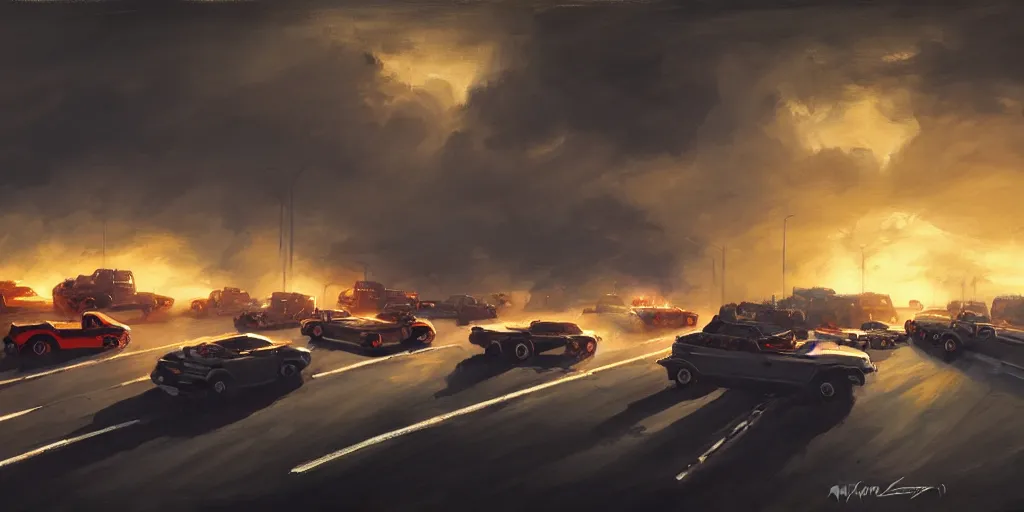 Prompt: Ignacio Bazan Lazcano painting of a vehicle battle on highway, dramatic lighting, wide angle lens, dutch angle, trending on Artstation, highly detailed