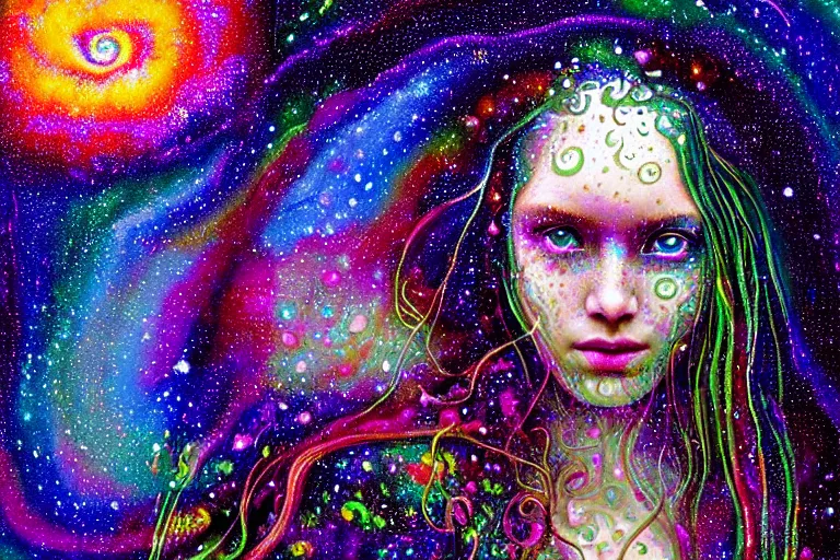 Image similar to girl finding spiritual freedom in psychedelic LSD rain with wet hair and face, morphing to stary complex spiral galaxy, fantasy, intricate, elegant, dramatic lighting, emotionally evoking symbolic metaphor, highly detailed, lifelike, photorealistic, digital painting, artstation, concept art, smooth, sharp focus, illustration, art by John Collier and Albert Aublet and Krenz Cushart and Artem Demura and Alphonse Mucha