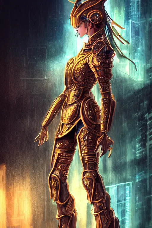 Image similar to portrait holy and mythical futuristic knights of Zodiac girl, golden and copper armor, in futuristic heavily raindrop ruin tokyo rooftop cyberpunk night, ssci-fi, fantasy, intricate, very very beautiful, elegant, neon light, highly detailed, digital painting, artstation, concept art, human anatomy, soft light, hdri, smooth, sharp focus, illustration, art by tian zi and craig mullins and WLOP and alphonse mucha