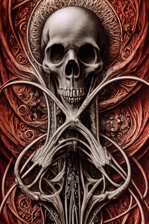 Prompt: detailed realistic memento mori lithograph, red smoke and ash, mixture of life and death, by cameron gray and ernst haeckel and beksinski and h. r. giger, gothic ornament, skulls, bones, art nouveau, neogothic, ornate botanicals, symmetry, polished, artstation