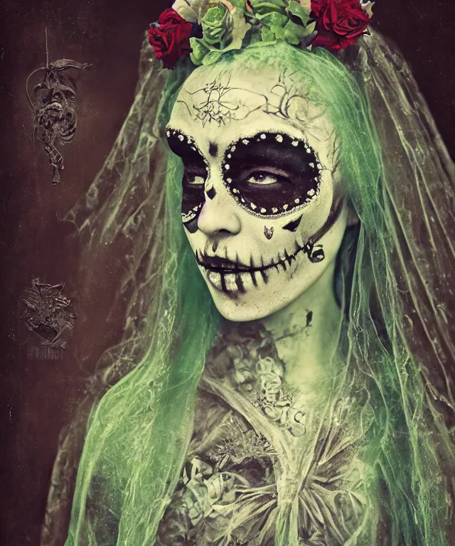 Image similar to tintype virgin mary in dia de muertos dress and make up, horrific beautiful vibe, evocative, atmospheric lighting, painted, intricate, highly detailed, leesha hannigan, wayne haag, reyna rochin, ignacio fernandez rios, mark ryden, iris van herpen, artstation, cgsociety