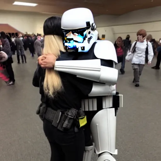 Prompt: a stormtrooper hugging an anime girl