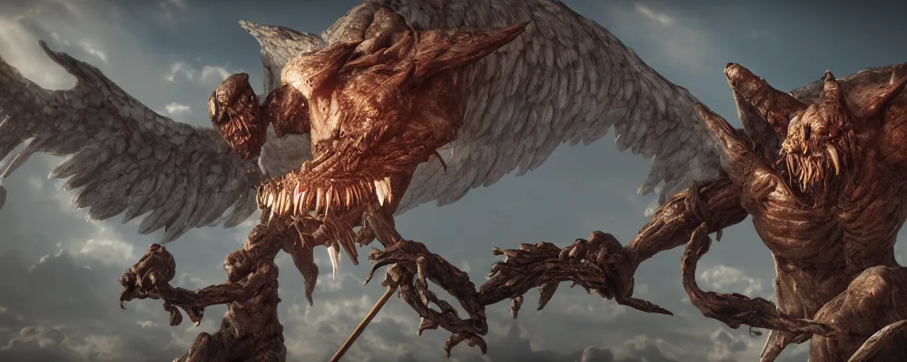 Image similar to cinematography picture of monster with angel wings, no eyes, long jaw, holding a spear, 8k, unreal engine 5, ps5, hyperrealistic, artstation, highly detailed