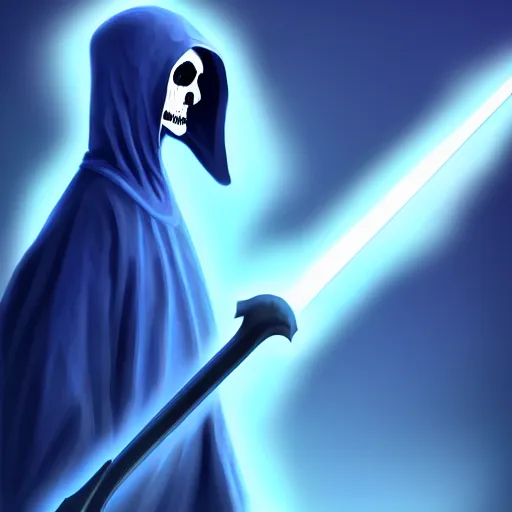 Image similar to grim reaper with a blue glowing scythe, digital art, digital painting, 4 k, hd, artstation, devian art, highly detailed