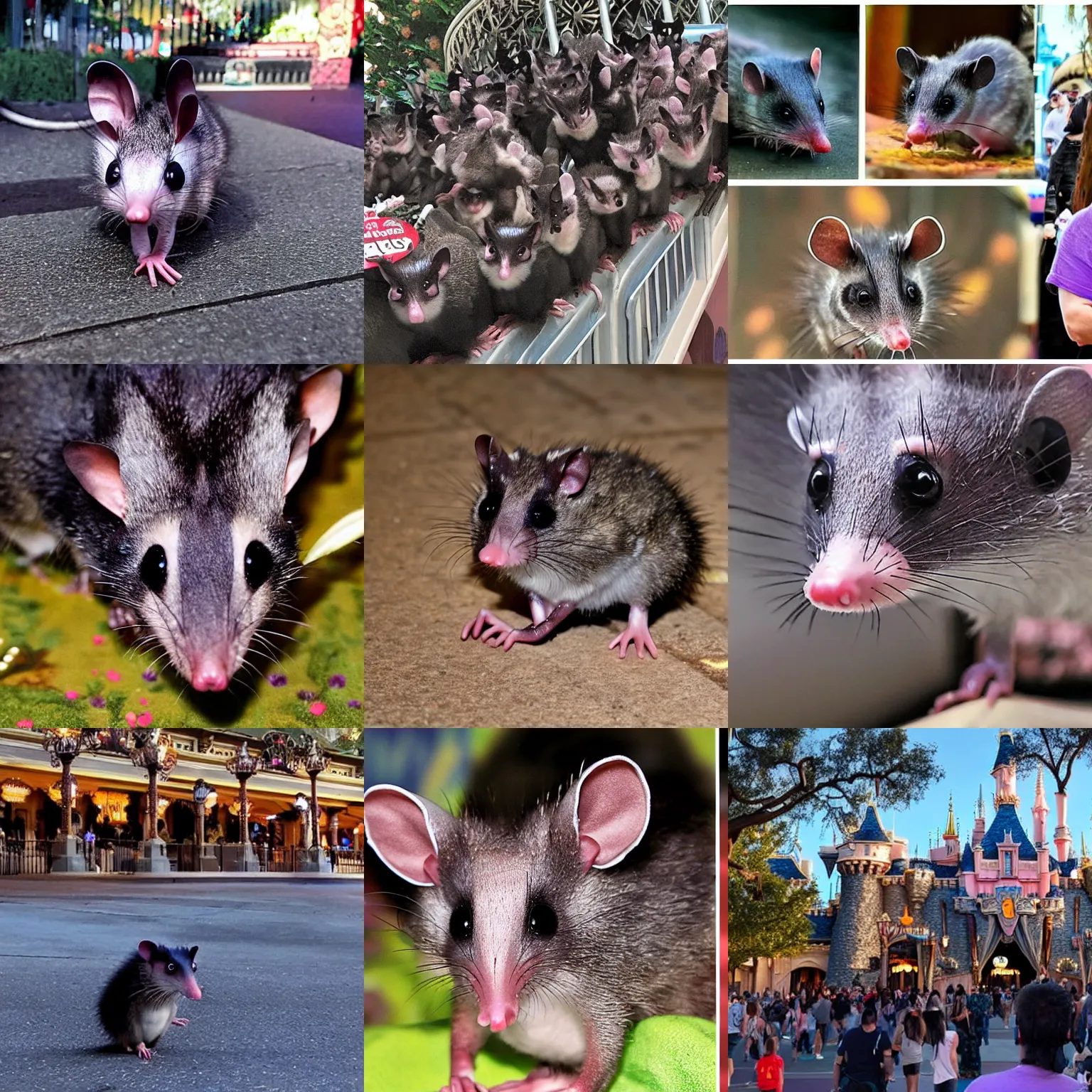 Prompt: hundreds of opossums invading disneyland, guests running away in terror, photo