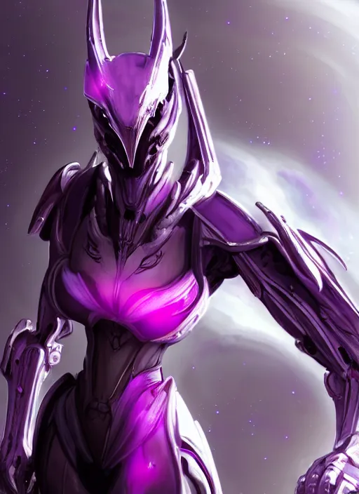 Image similar to cinematic close shot, galactic sized proportional stunning beautiful hot female warframe, sleek mecha goddess dragon head, metal ears, led purple eyes, smooth fuschia skin, smooth silver armor, floating in space, holding a galaxy, epic proportions, epic size, epic detail, furry art, dragon art, giantess art, warframe fanart, furaffinity, octane