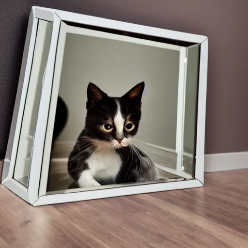 Image similar to infinity mirror reflecting a small cat, 4k, 40nm lens