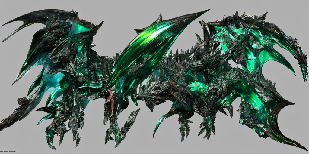 Image similar to Emerald four legged crystal bat, character design sheet, Monster Hunter Illustrations art book, big claws, sharp fangs, huge wings, long tail, iridescent scale patterns, cluster of crystals as spikes on its back, Moebius, Greg Rutkowski, Zabrocki, Karlkka, Jayison Devadas, Phuoc Quan, trending on Artstation, 8K, ultra wide angle, zenith view, pincushion lens effect.