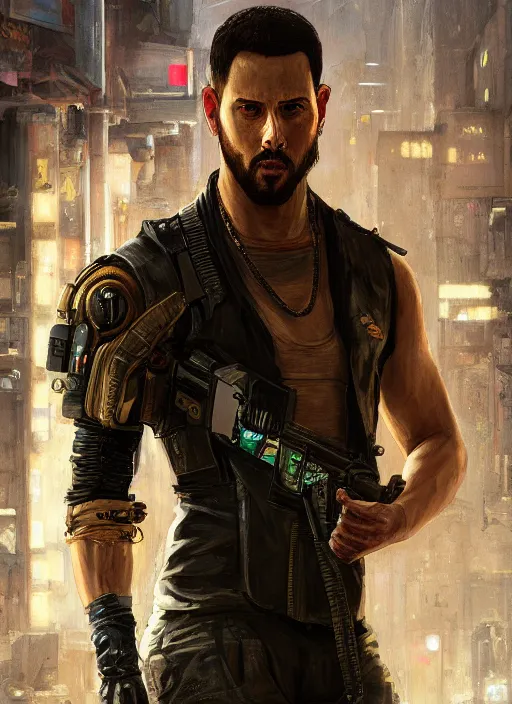 Prompt: dumb meathead. cyberpunk mercenary in a cyberpunk jumpsuit ( blade runner 2 0 4 9, cyberpunk 2 0 7 7 ). orientalist portrait by john william waterhouse and james gurney and theodore ralli and nasreddine dinet, oil on canvas. cinematic, hyper realism, realistic proportions, dramatic lighting, high detail 4 k