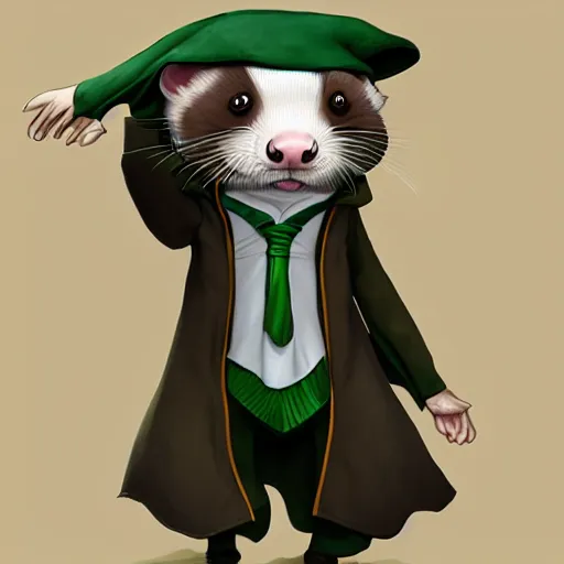 Image similar to a anthropomorphic ferret is dressed as a hogwarts student in slytherin robes, hyperdetailed, artstation, cgsociety, 8 k